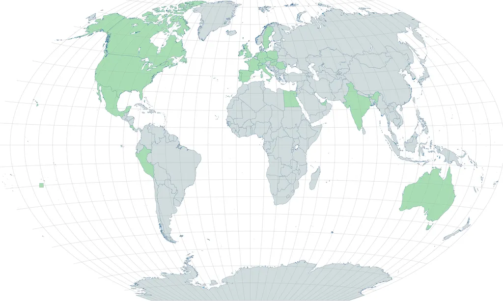World map of countries lived in and collaborated with